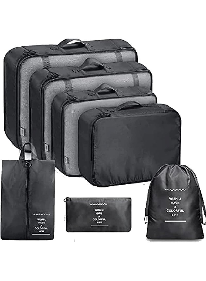 Dunekart 7 Piece Travel Packing Cubes Set, Luggage Organizer Bags with Waterproof Laundry Bag, Compression Storage Pouches for Suitcase - Black - Image 1